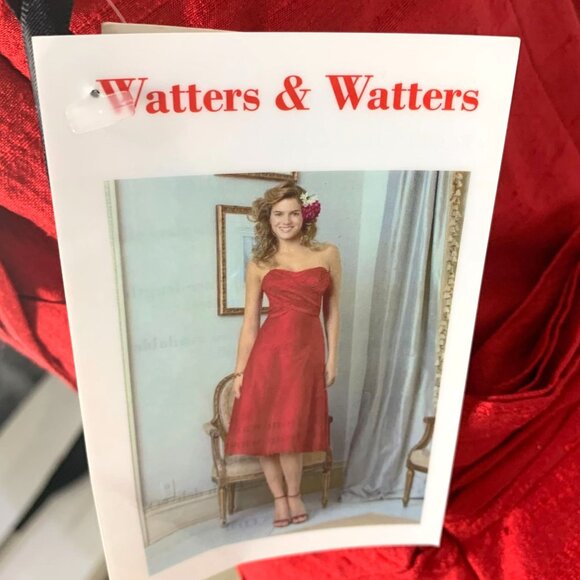 Watters & Watters Red Silk Midi Bridesmaid Dress 10 Strapless/Convertible Pleat - Picture 14 of 16